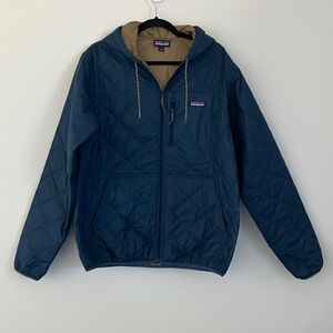 Patagonia Hooded Puffer Jacket Coat Front Pockets Navy Blue Outerwear Mens L